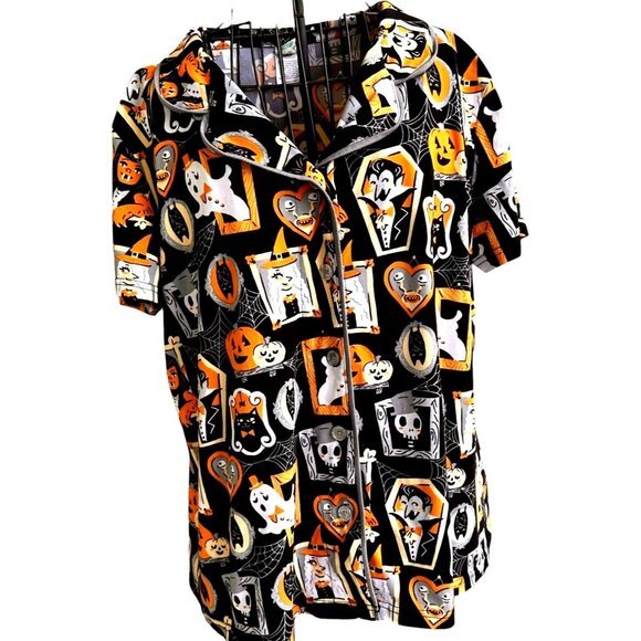 Munki Munki Halloween Pajama Top Large Short Sleeves Button Werewolf Witch Ghost - Picture 6 of 12